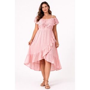 No Boundaries XXXL Pink Lace Cottagecore Midi Dress Prairie Ruffle Off shoulder